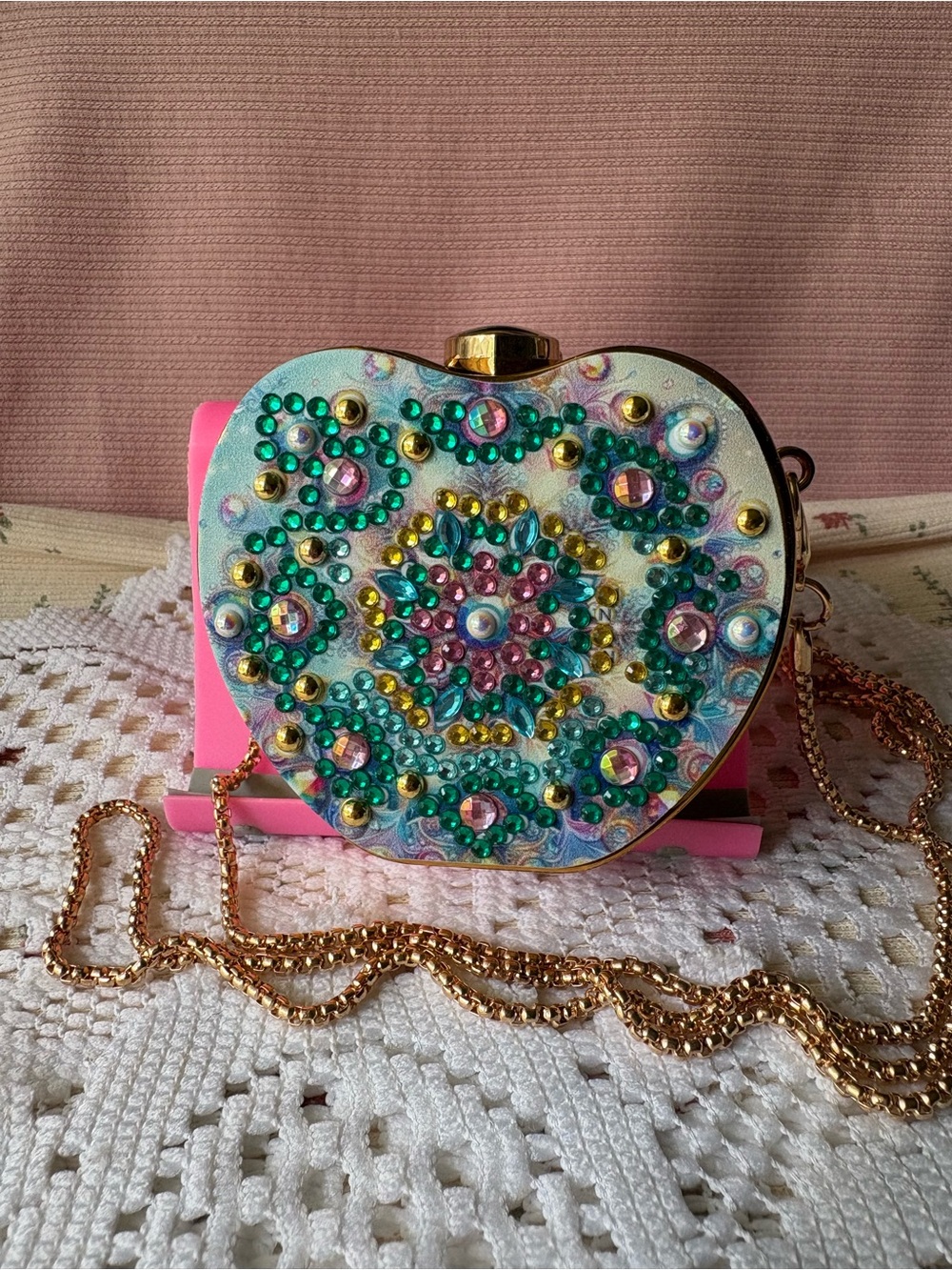 Embellished Heart-Shaped Mini Crossbody Bag - Turquoise & Pink